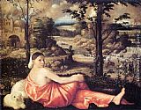 Giovanni Cariani Canvas Paintings - Reclining Woman in a Landscape